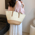 Contrast Straw Braided Handbag - Tote Bag by Trendsi | Available at Handbags Specialist Headquarter