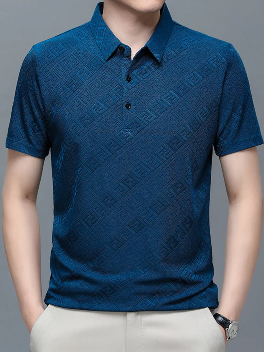 Men's Plus Size  Jacquard Pattern Short Sleeve Polo - mens-shirts by Trendsi | Available at Handbags Specialist Headquarter