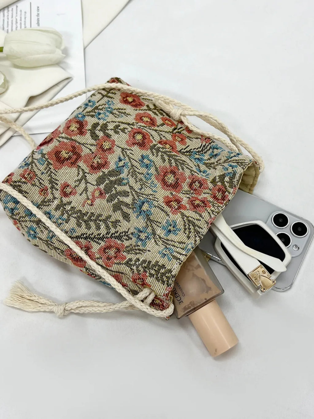 Rope Drawstring Floral Bucket Bag - Shoulder Bags by Trendsi | Available at Handbags Specialist Headquarter