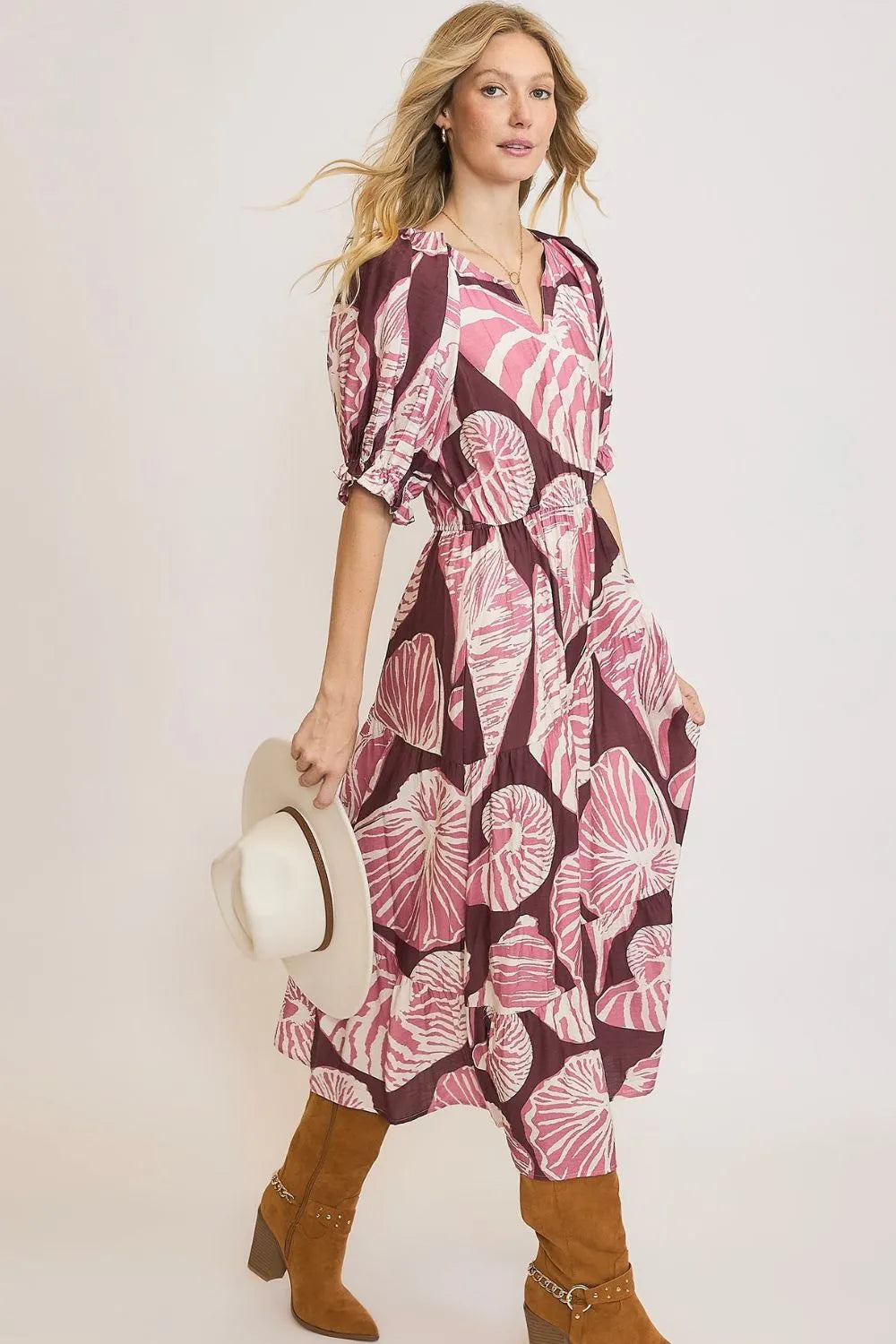 Umgee Full Size Printed Notched Puff Sleeve Midi Dress Plus Size - Dresses by Trendsi | Available at Handbags Specialist Headquarter