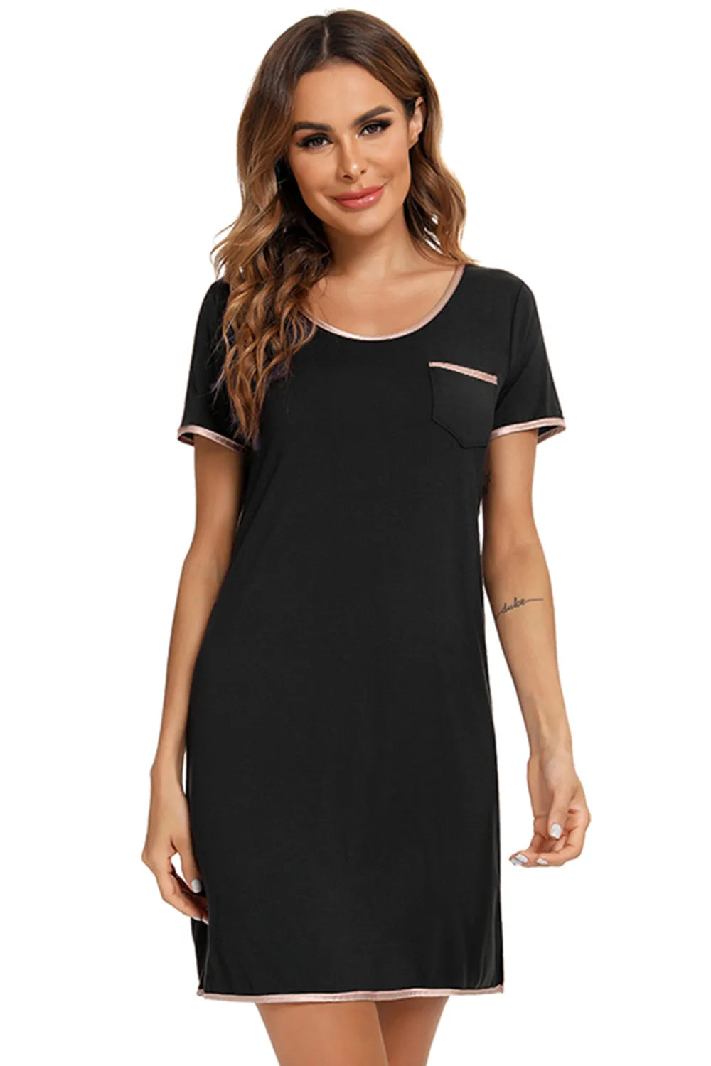 Contrast Trim Pocketed Round Neck Lounge Dress - Sleepwear by Trendsi | Available at Handbags Specialist Headquarter
