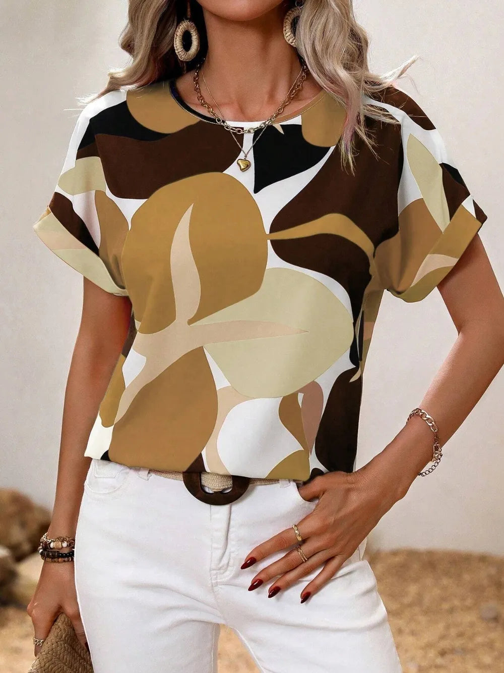 Contrast Round Neck Short Sleeve Blouse - Tops by Trendsi | Available at Handbags Specialist Headquarter