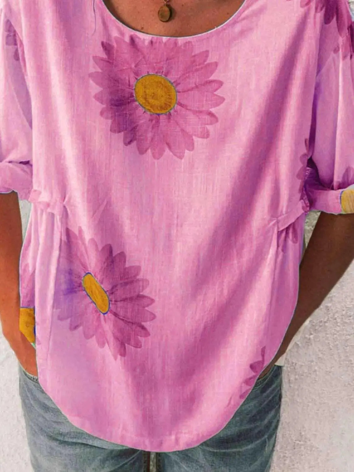 Full Size Flower Round Neck Half Sleeve T-Shirt Plus Size - Women Plus Size by Trendsi | Available at Handbags Specialist Headquarter