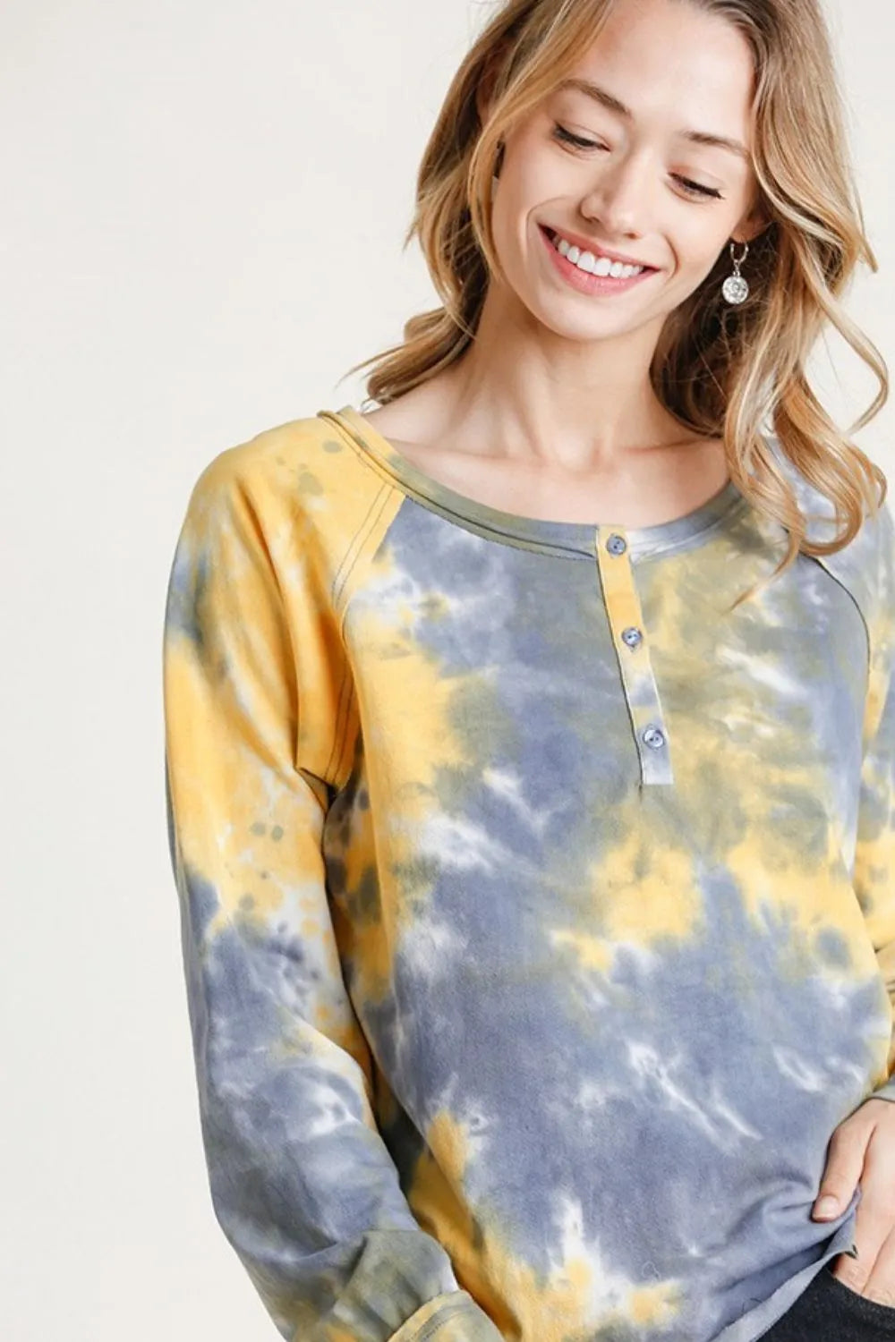 Umgee Full Size Tie Dye Button Front Long Raglan Sleeve Top Plus Size - Dresses by Trendsi | Available at Handbags Specialist Headquarter