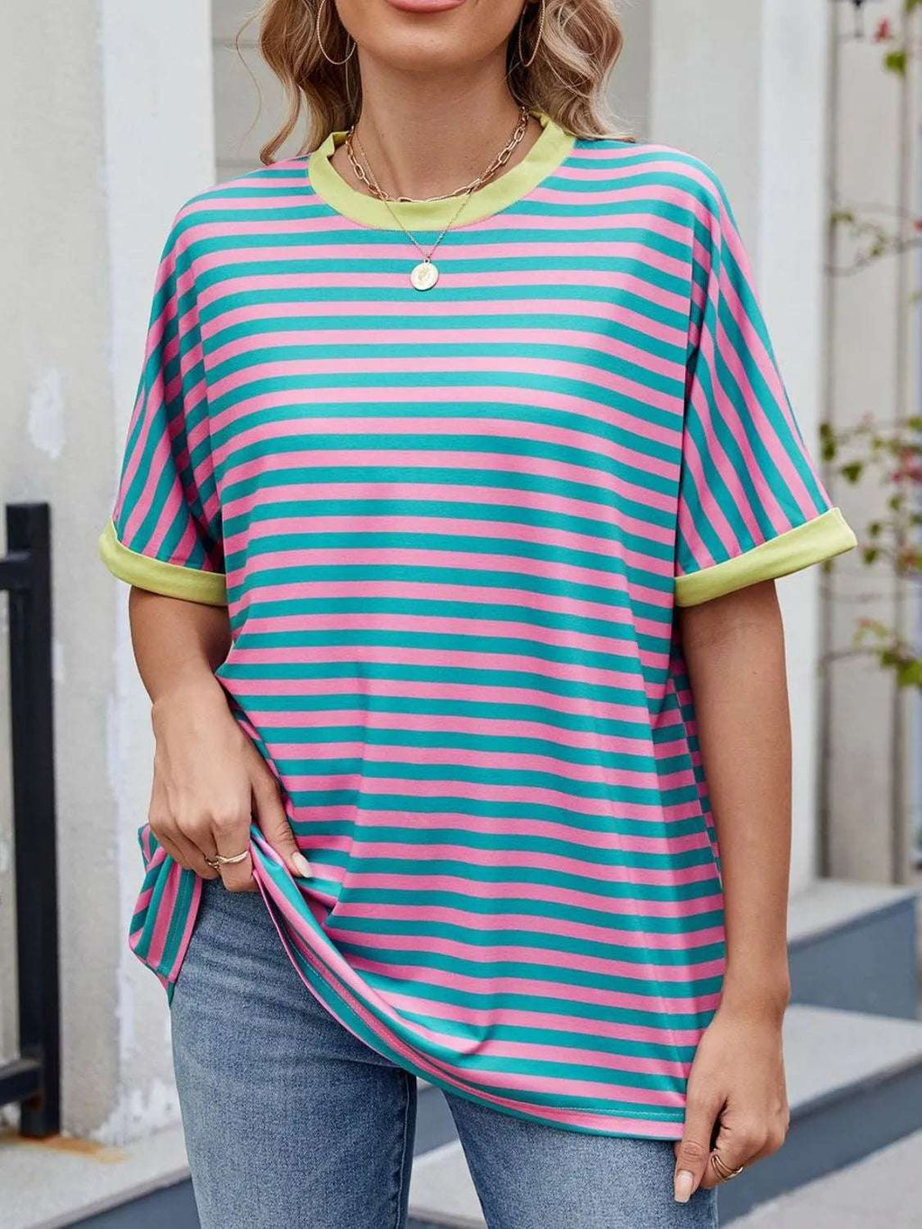 Striped Round Neck Half Sleeve T-Shirt - Women / Tops by Trendsi | Available at Handbags Specialist Headquarter