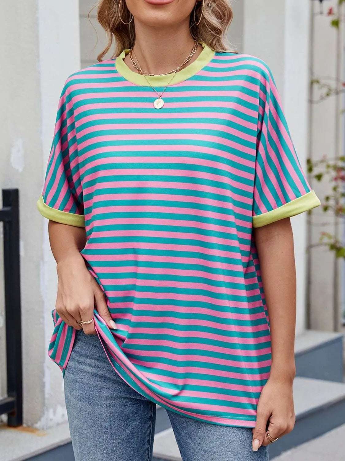 Striped Round Neck Half Sleeve T-Shirt - Women / Tops by Trendsi | Available at Handbags Specialist Headquarter