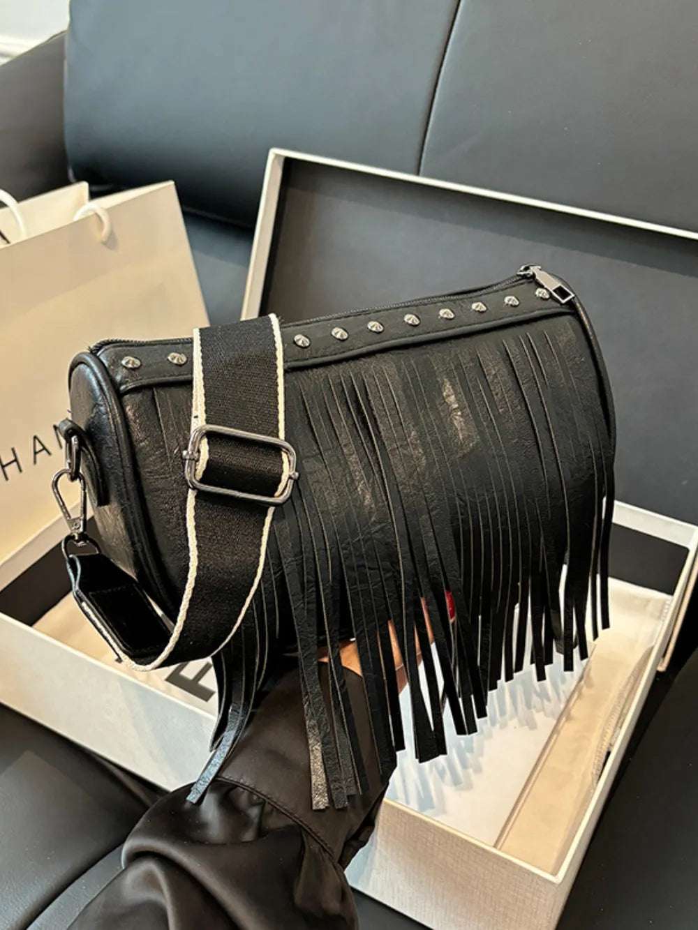 PU Leather Fringe Studded Crossbody Bag - Crossbody Bag by Trendsi | Available at Handbags Specialist Headquarter