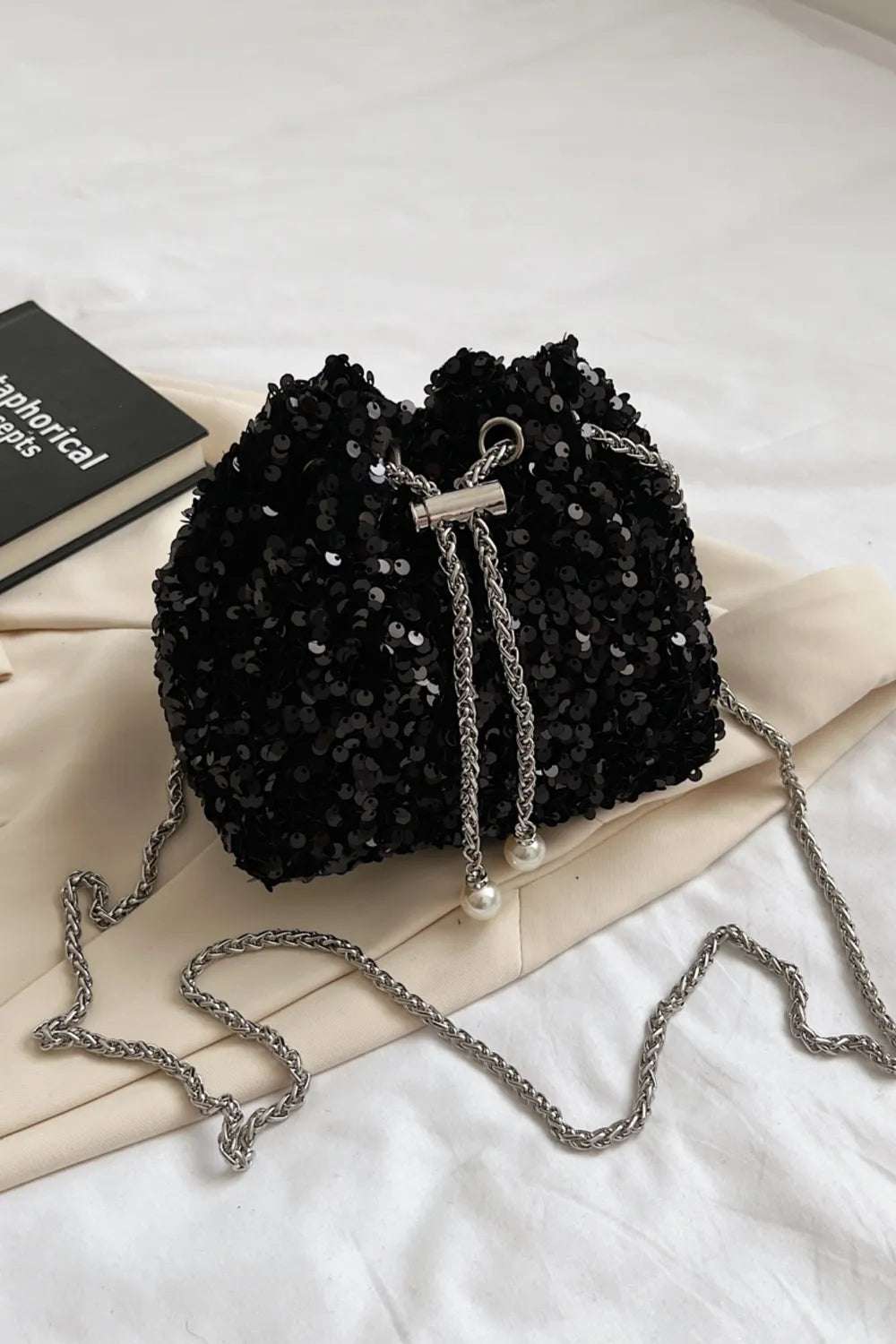 Sequin Chain Drawstring Bucket Bag - Crossbody Bag by Trendsi | Available at Handbags Specialist Headquarter