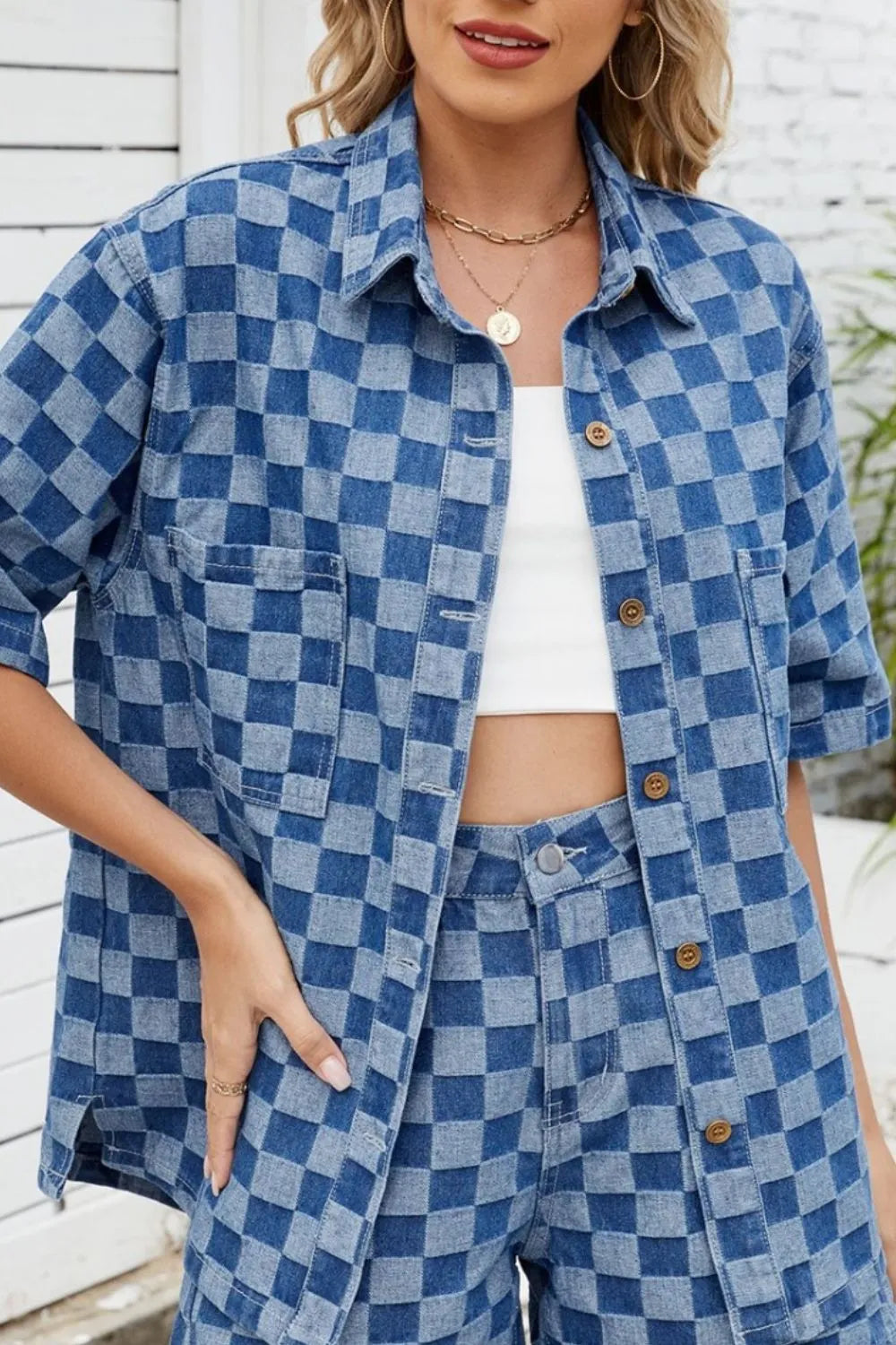 Button Down Checkered Denim Shirt - Women / Jeans & Denim by Trendsi | Available at Handbags Specialist Headquarter