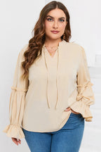 Plus Size Ruffled Tie Neck Flounce Sleeve Blouse - Plus Size Shirts by Trendsi | Available at Handbags Specialist Headquarter
