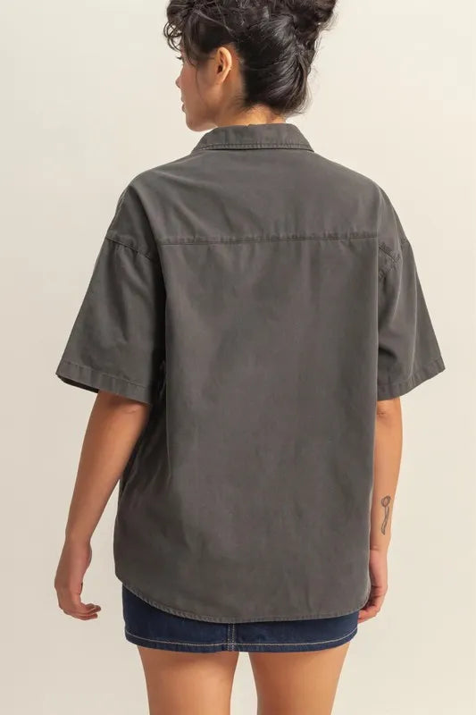HYFVE Short Sleeve Button Down Oversized Shirt - Women's Down Shirt Tops by Trendsi | Available at Handbags Specialist Headquarter