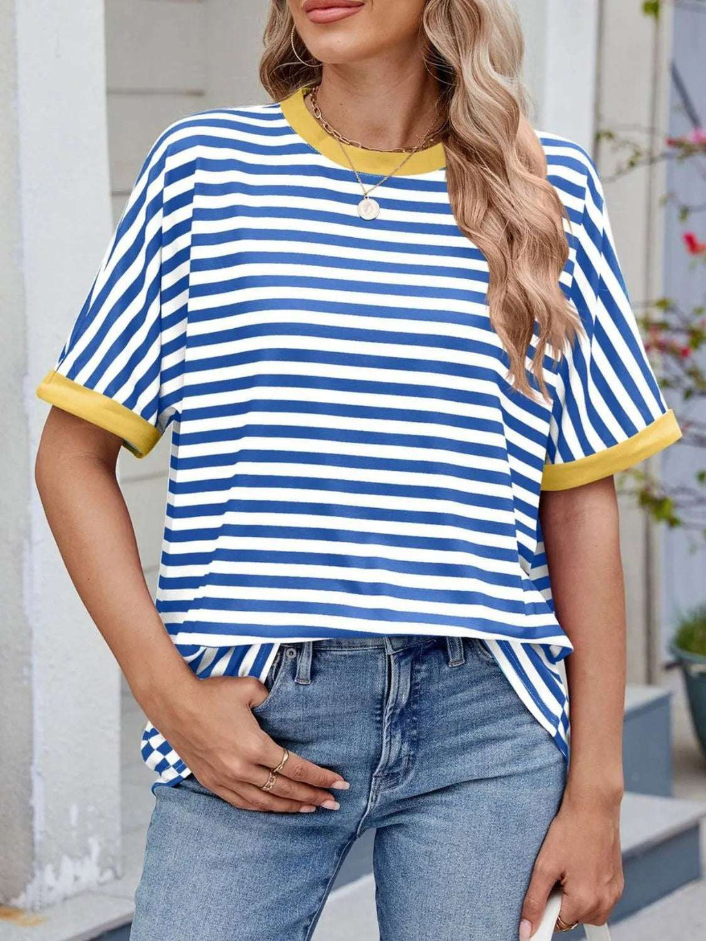 Striped Round Neck Half Sleeve T-Shirt - Women / Tops by Trendsi | Available at Handbags Specialist Headquarter