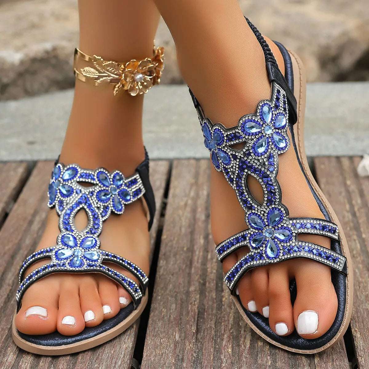 Rhinestone Embellished Flower Flat Sandals - Women Sandals by Trendsi | Available at Handbags Specialist Headquarter