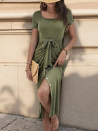 Round Neck Tie-Waist Bodycon Dress - Maxi Dress by Trendsi | Available at Handbags Specialist Headquarter