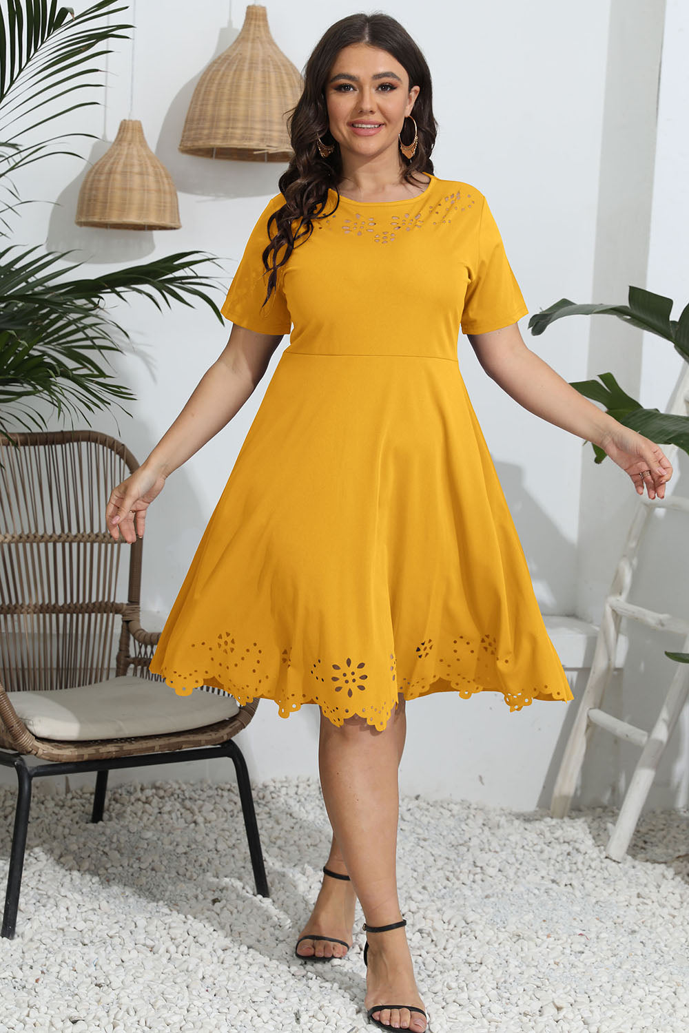 Plus Size Round Neck Openwork Dress - Dresses by Trendsi | Available at Handbags Specialist Headquarter