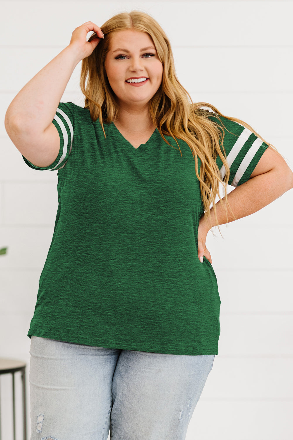 Plus Size Striped V-Neck Tee Shirt - Plus Size Shirts by Trendsi | Available at Handbags Specialist Headquarter