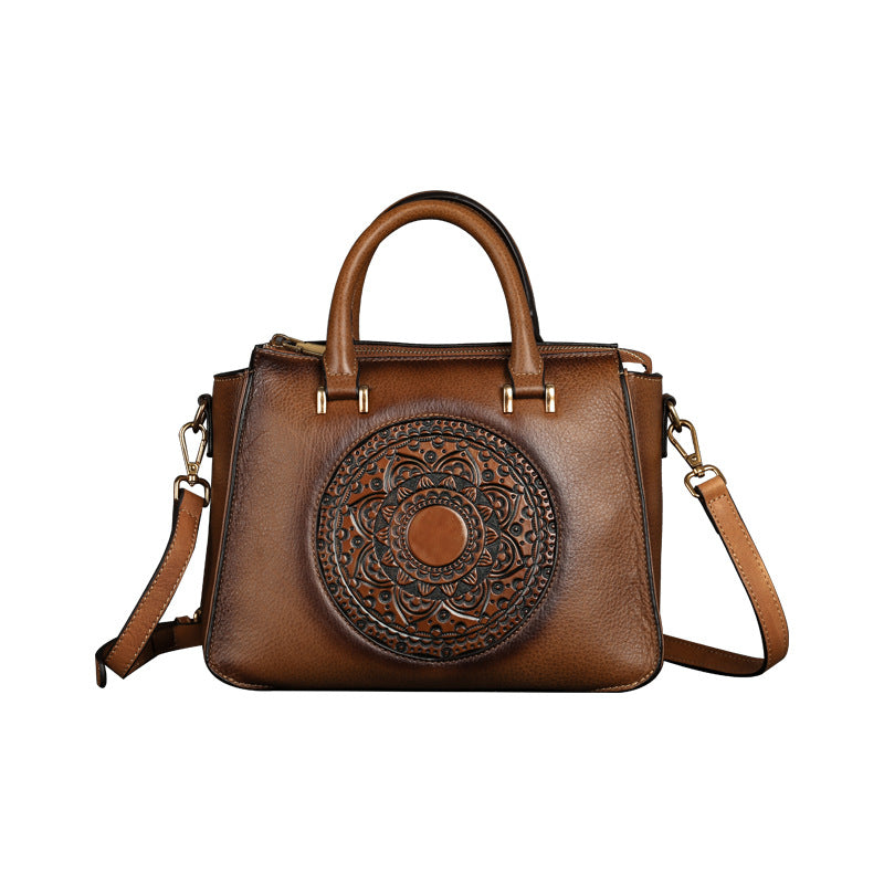 Retro Floral Totem Leather Square Handbag