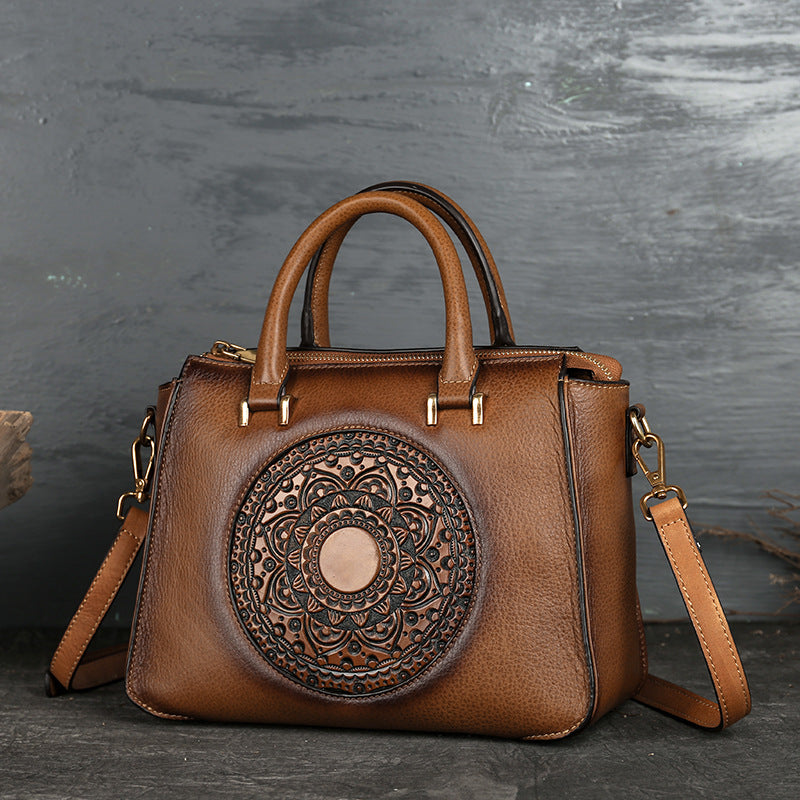Retro Floral Totem Leather Square Handbag