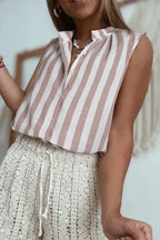 Stripe Button Down Sleeveless Shirt - Women's Down Shirt Tops by Trendsi | Available at Handbags Specialist Headquarter
