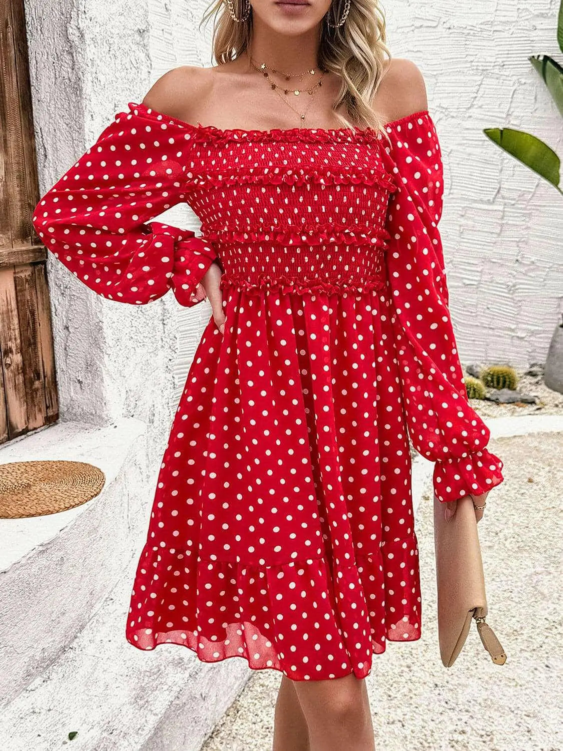 Smocked Polka Dot Long Sleeve Dress - Dresses by Trendsi | Available at Handbags Specialist Headquarter
