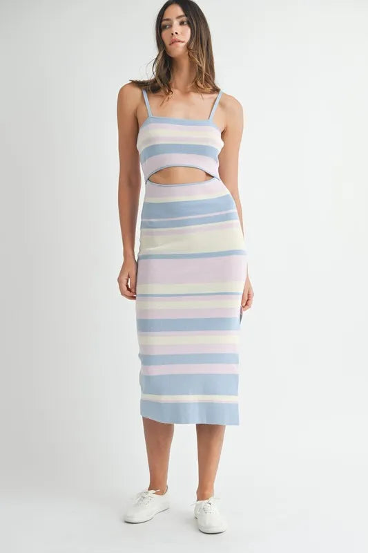 MABLE Multi Color Striped Front Cutout Knit Midi Dress - Maxi Dress by Trendsi | Available at Handbags Specialist Headquarter