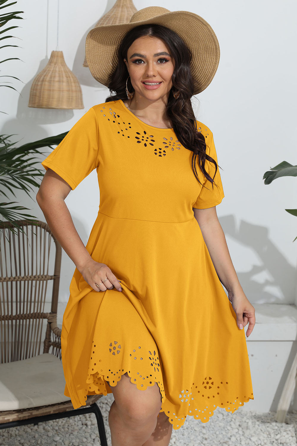 Plus Size Round Neck Openwork Dress - Dresses by Trendsi | Available at Handbags Specialist Headquarter