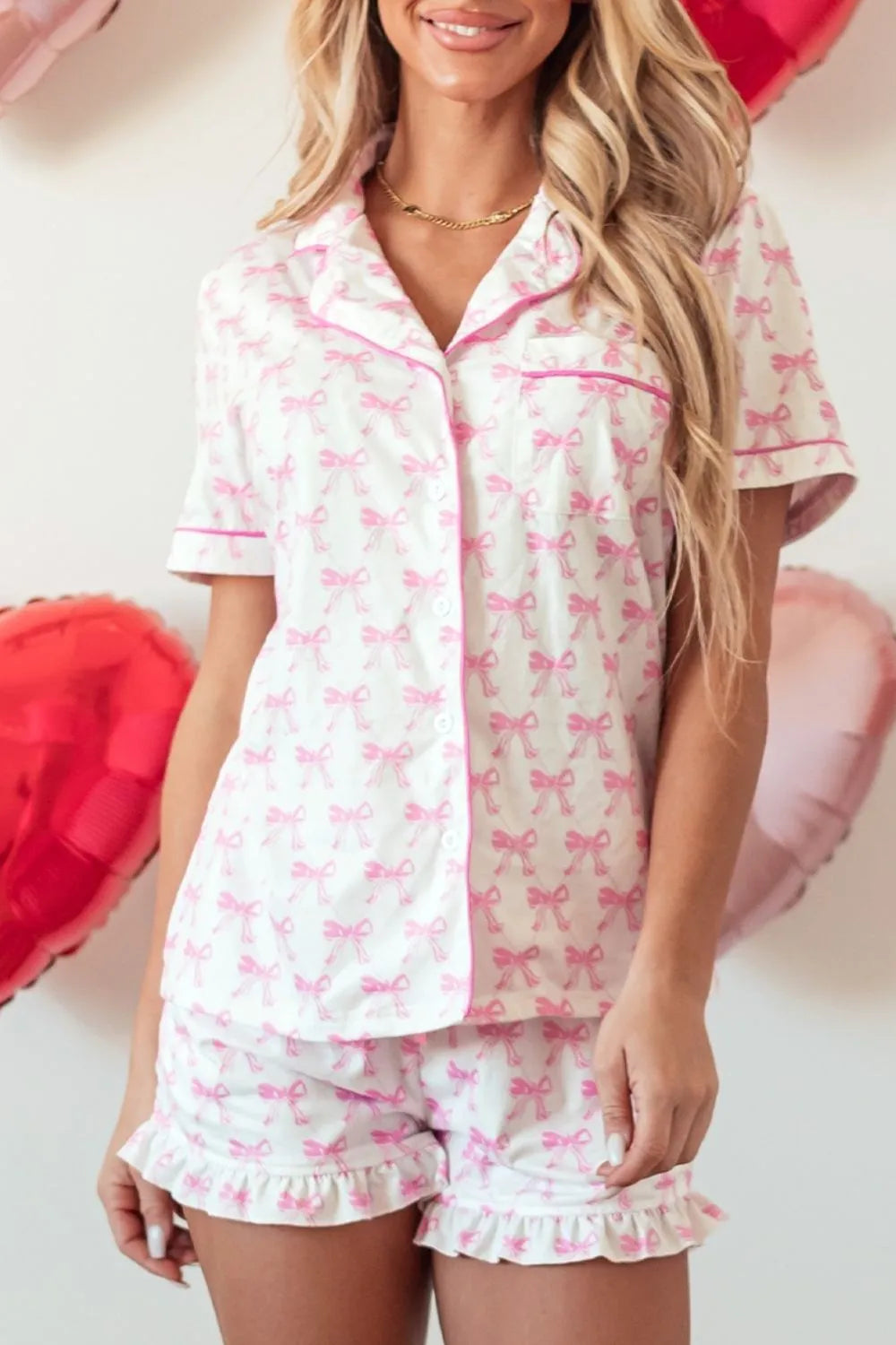 Bow Shirt and Shorts Lounge Set - Sleepwear by Trendsi | Available at Handbags Specialist Headquarter