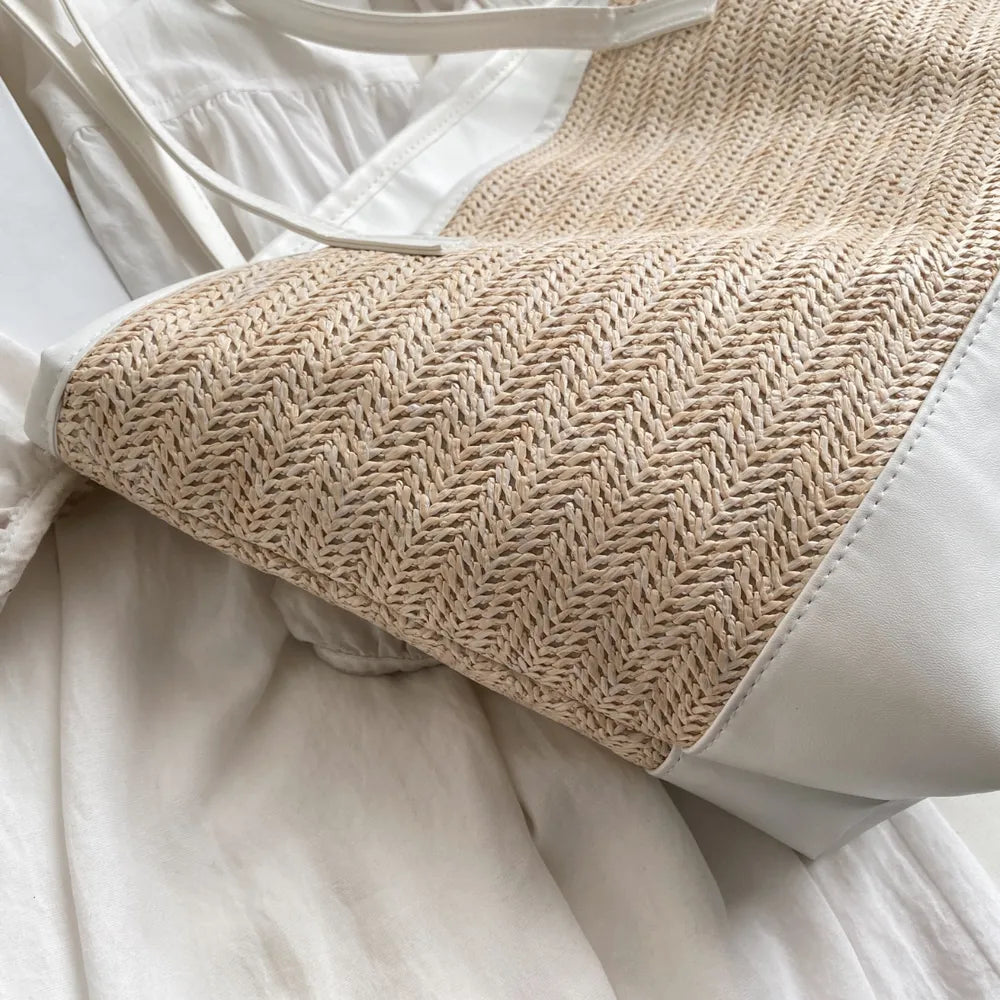 Straw Weave Leather Strap Tote Bag - Tote Bag by Trendsi | Available at Handbags Specialist Headquarter