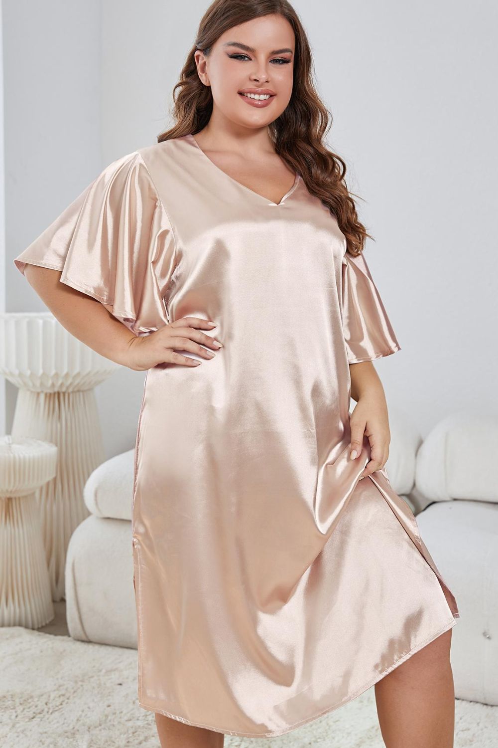 Plus Size Flutter Sleeve V-Neck Side Slit Night Gown - Sleepwear by Trendsi | Available at Handbags Specialist Headquarter