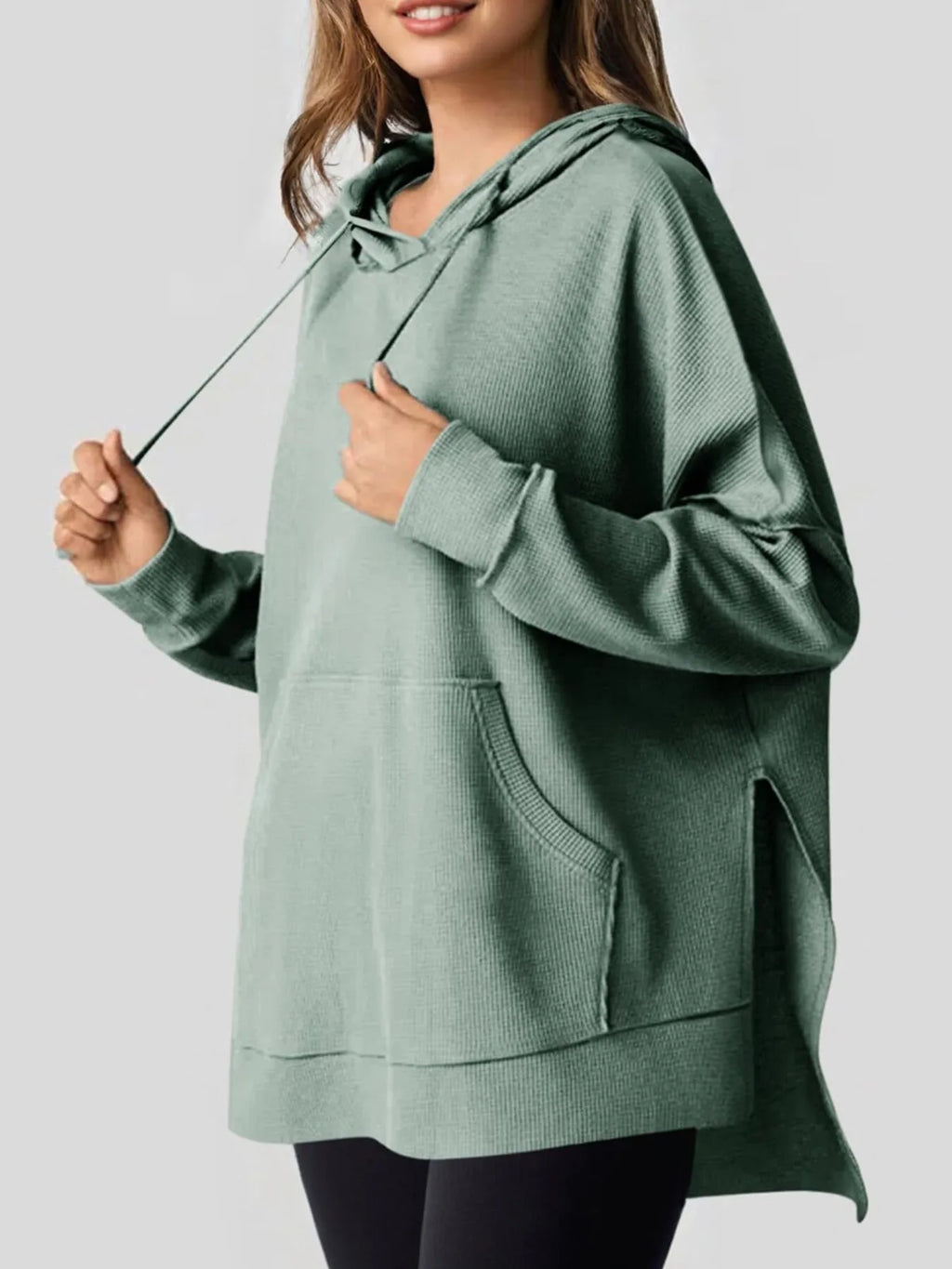 Slit Drawstring Waffle Knit Hoodie - Tops by Trendsi | Available at Handbags Specialist Headquarter