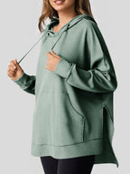 Slit Drawstring Waffle Knit Hoodie - Tops by Trendsi | Available at Handbags Specialist Headquarter