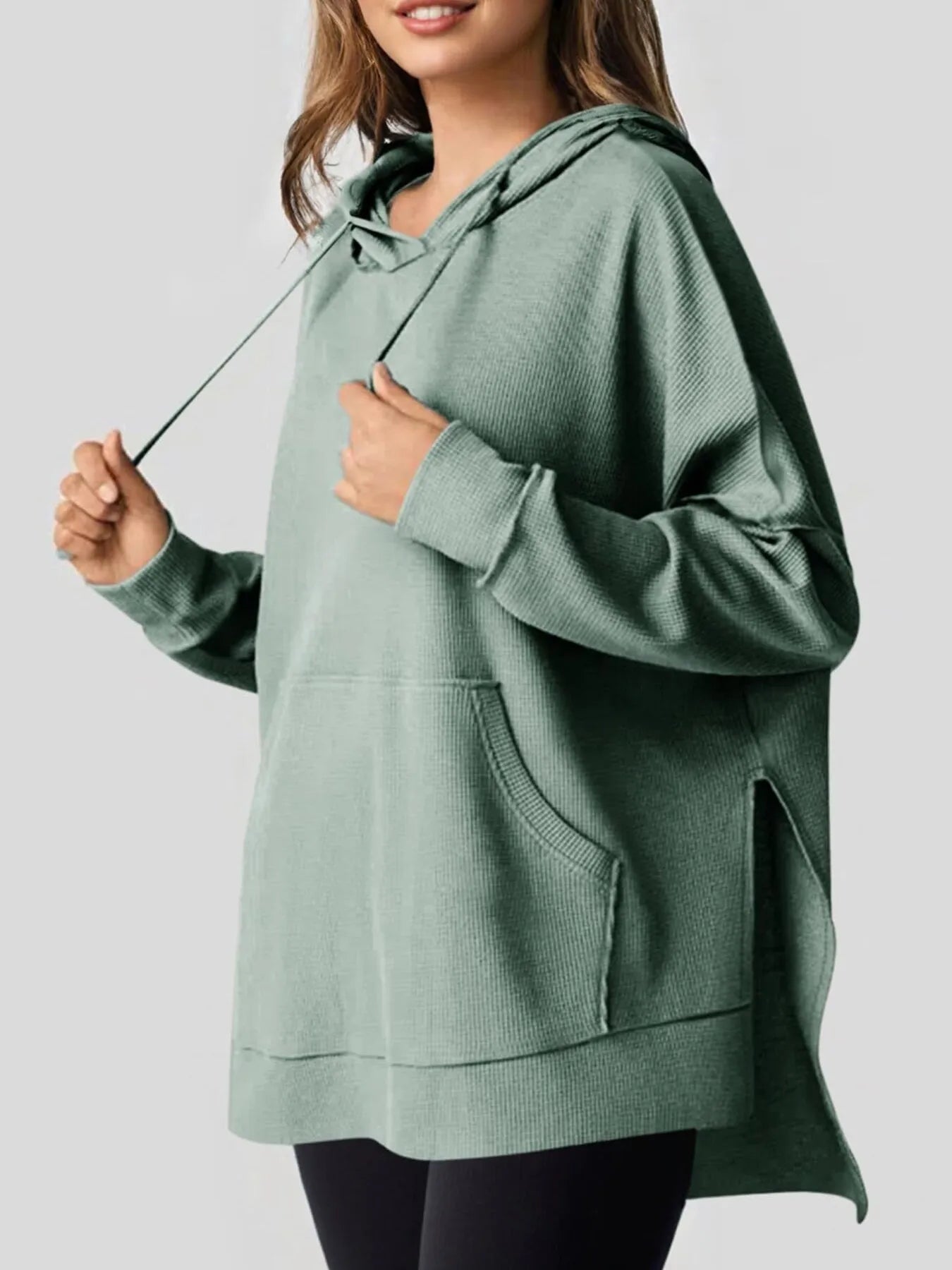 Slit Drawstring Waffle Knit Hoodie - Tops by Trendsi | Available at Handbags Specialist Headquarter