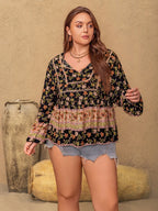 Plus Size Printed Tie Neck Balloon Sleeve Blouse - Plus Size Shirts by Trendsi | Available at Handbags Specialist Headquarter