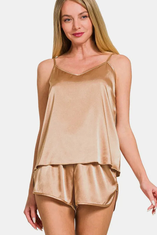 Zenana V-Neck Satin Cami and Elastic Waist Shorts Lounge Set - Sleepwear by Trendsi | Available at Handbags Specialist Headquarter