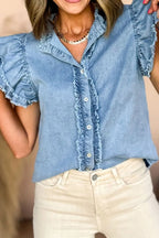 Button Down Raw Hem Ruffled Denim Shirt - Women / Jeans & Denim by Trendsi | Available at Handbags Specialist Headquarter