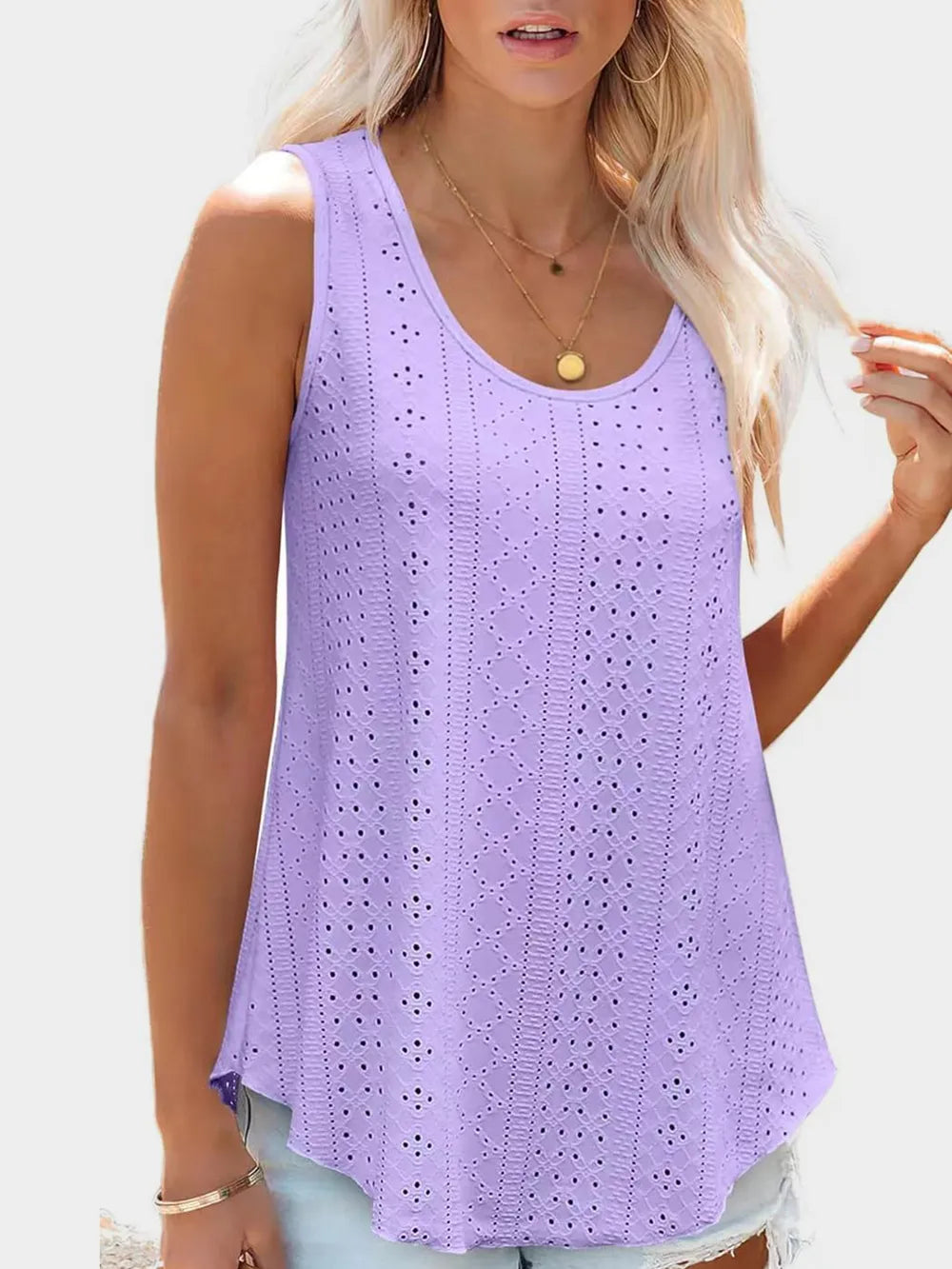 Florira Eyelet Round Neck Tank - Tops by Trendsi | Available at Handbags Specialist Headquarter
