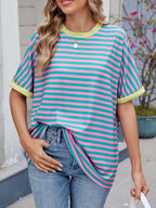 Striped Round Neck Half Sleeve T-Shirt - Women / Tops by Trendsi | Available at Handbags Specialist Headquarter