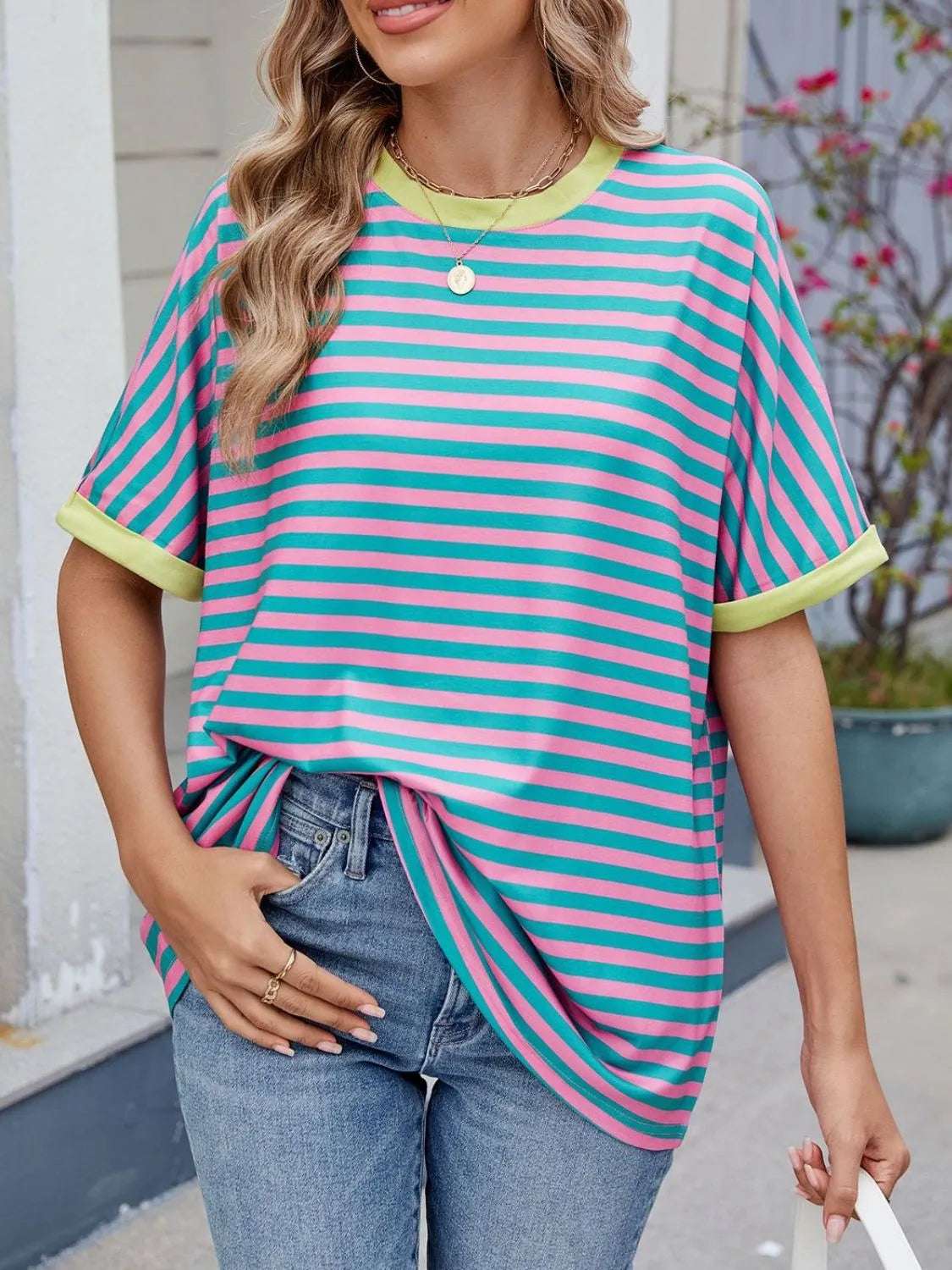 Striped Round Neck Half Sleeve T-Shirt - Women / Tops by Trendsi | Available at Handbags Specialist Headquarter