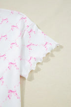 Bow Print Lettuce Trim Round Neck Top and Shorts Lounge Set - Sleepwear by Trendsi | Available at Handbags Specialist Headquarter