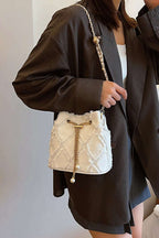 Chain Drawstring Raw Edge Denim Bucket Bag - Crossbody Bag by Trendsi | Available at Handbags Specialist Headquarter