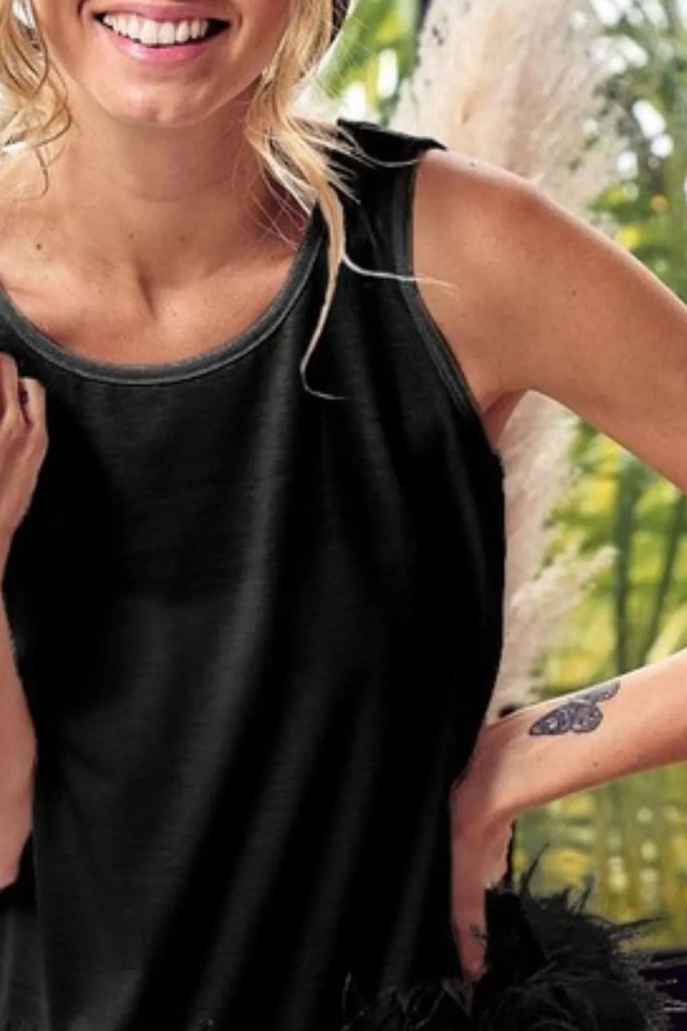 BiBi French Terry Faux Feather Bottom Back Tied Top - Bottoms by Trendsi | Available at Handbags Specialist Headquarter