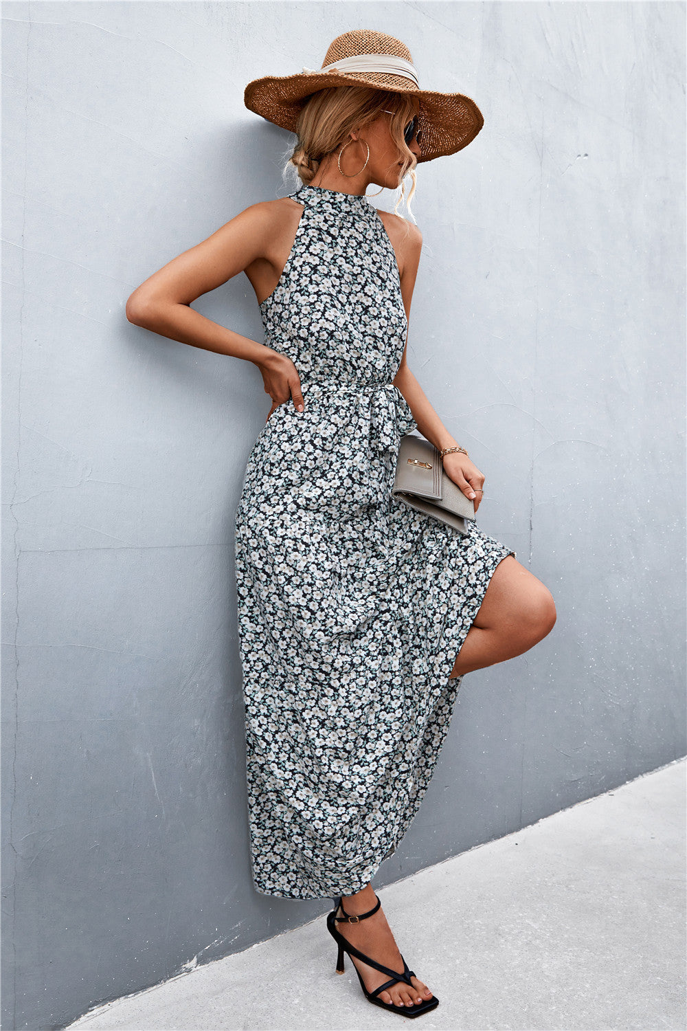 Printed Sleeveless Tie Waist Maxi Dress - Maxi Dress by Trendsi | Available at Handbags Specialist Headquarter