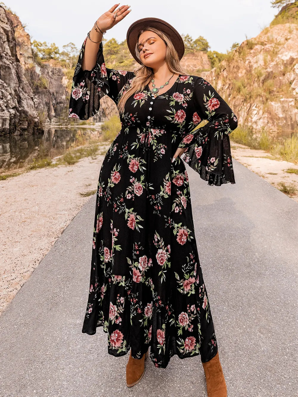 Plus Size Floral Flare Sleeve Dress - Dresses by Trendsi | Available at Handbags Specialist Headquarter