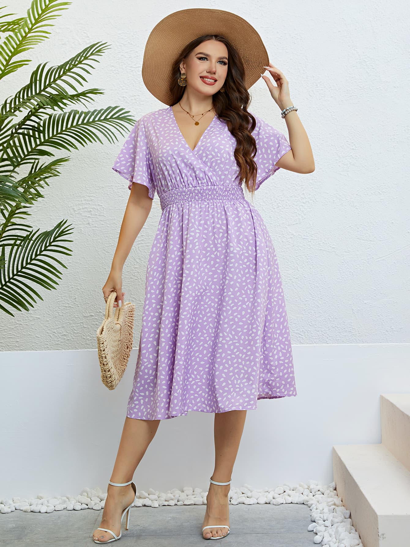 Honey Plus Size Printed Smocked Waist Surplice Dress - Dresses by Trendsi | Available at Handbags Specialist Headquarter