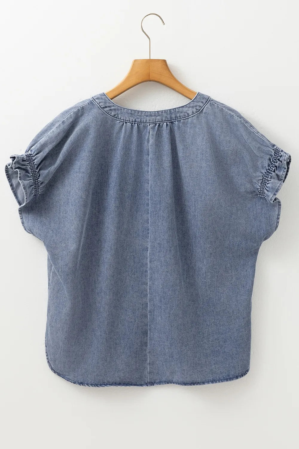 V Neck Ruffled Short Puff Sleeve Denim Top - Women / Jeans & Denim by Trendsi | Available at Handbags Specialist Headquarter