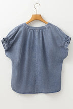 V Neck Ruffled Short Puff Sleeve Denim Top - Women / Jeans & Denim by Trendsi | Available at Handbags Specialist Headquarter