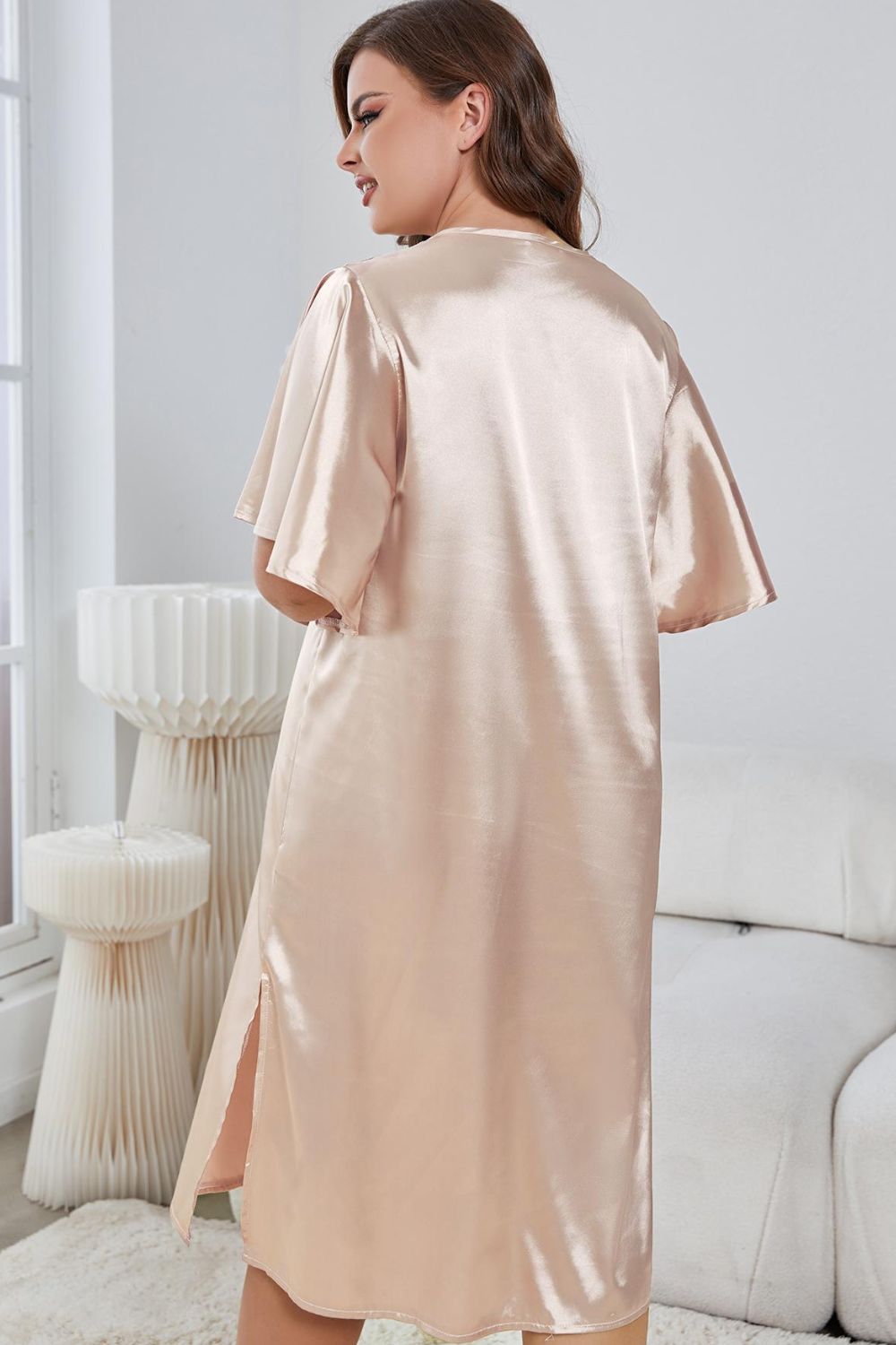 Plus Size Flutter Sleeve V-Neck Side Slit Night Gown - Sleepwear by Trendsi | Available at Handbags Specialist Headquarter