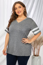 Plus Size Striped V-Neck Tee Shirt - Plus Size Shirts by Trendsi | Available at Handbags Specialist Headquarter