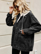 Oversized Button Up Denim Jacket with Hood - Tops by Trendsi | Available at Handbags Specialist Headquarter