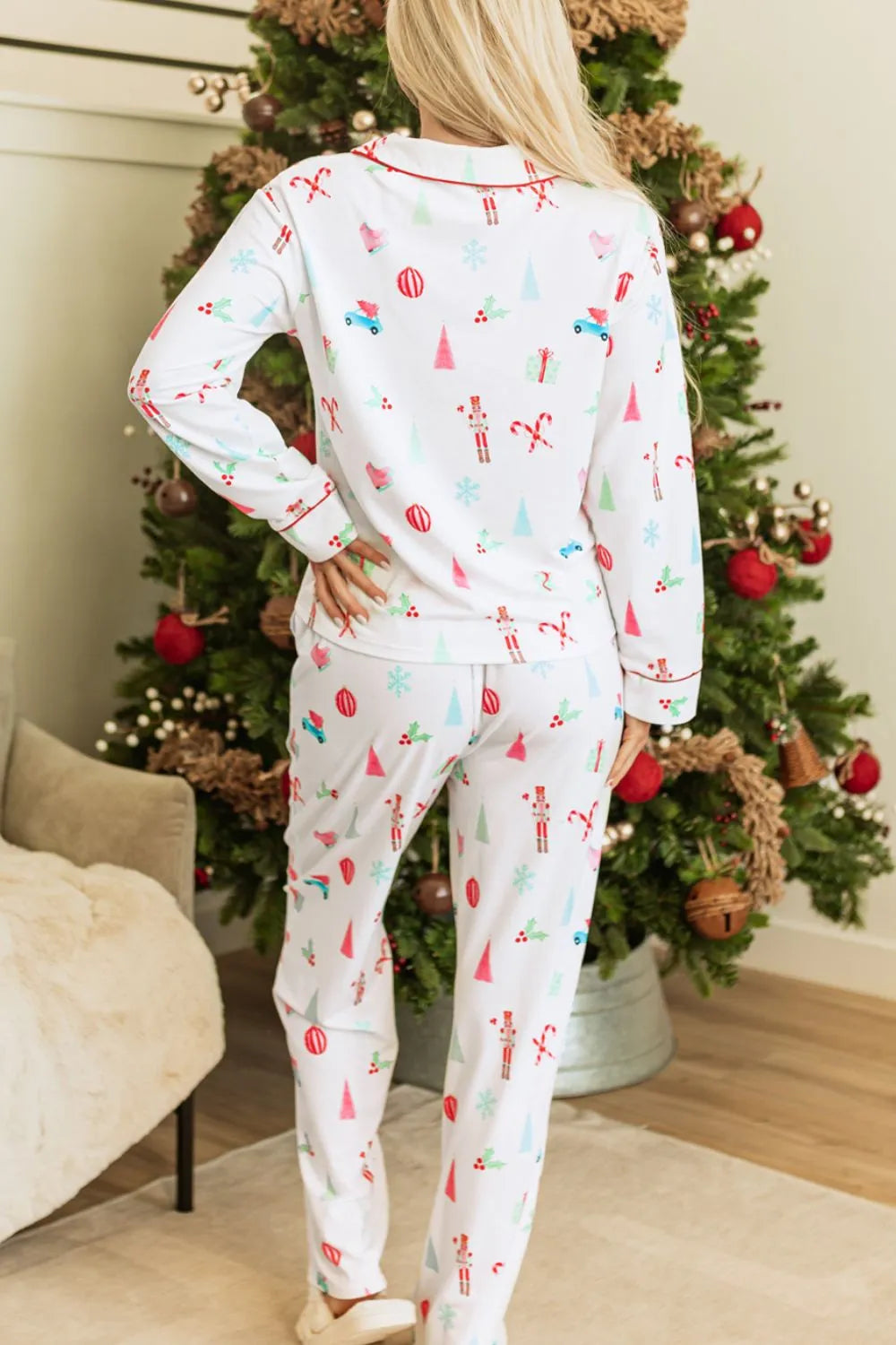 Christmas Printed Collared Neck Top and Pants Lounge Set - Sleepwear by Trendsi | Available at Handbags Specialist Headquarter